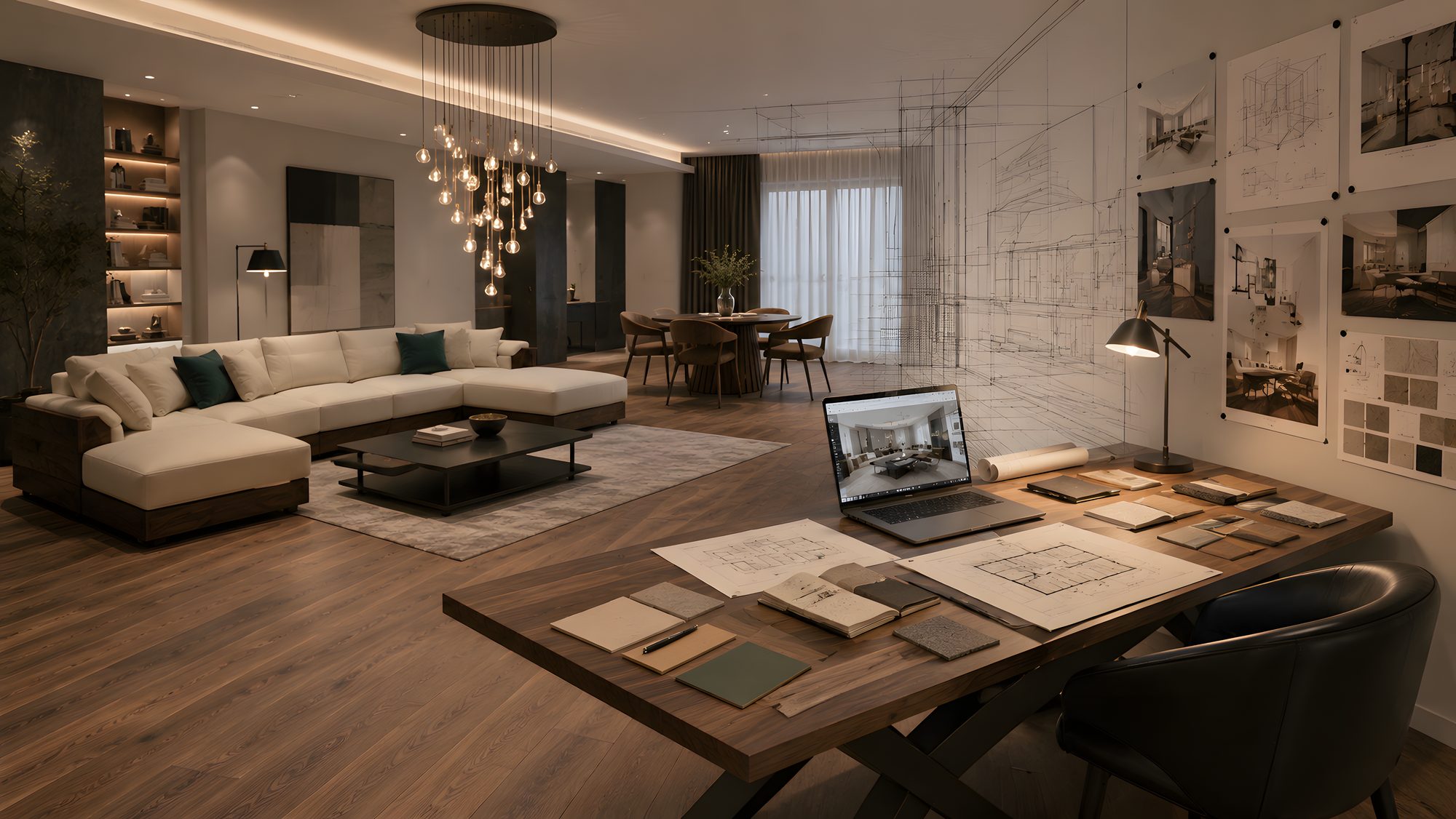 An interior evolving from architectural sketch and material samples into a finished, light-filled living space