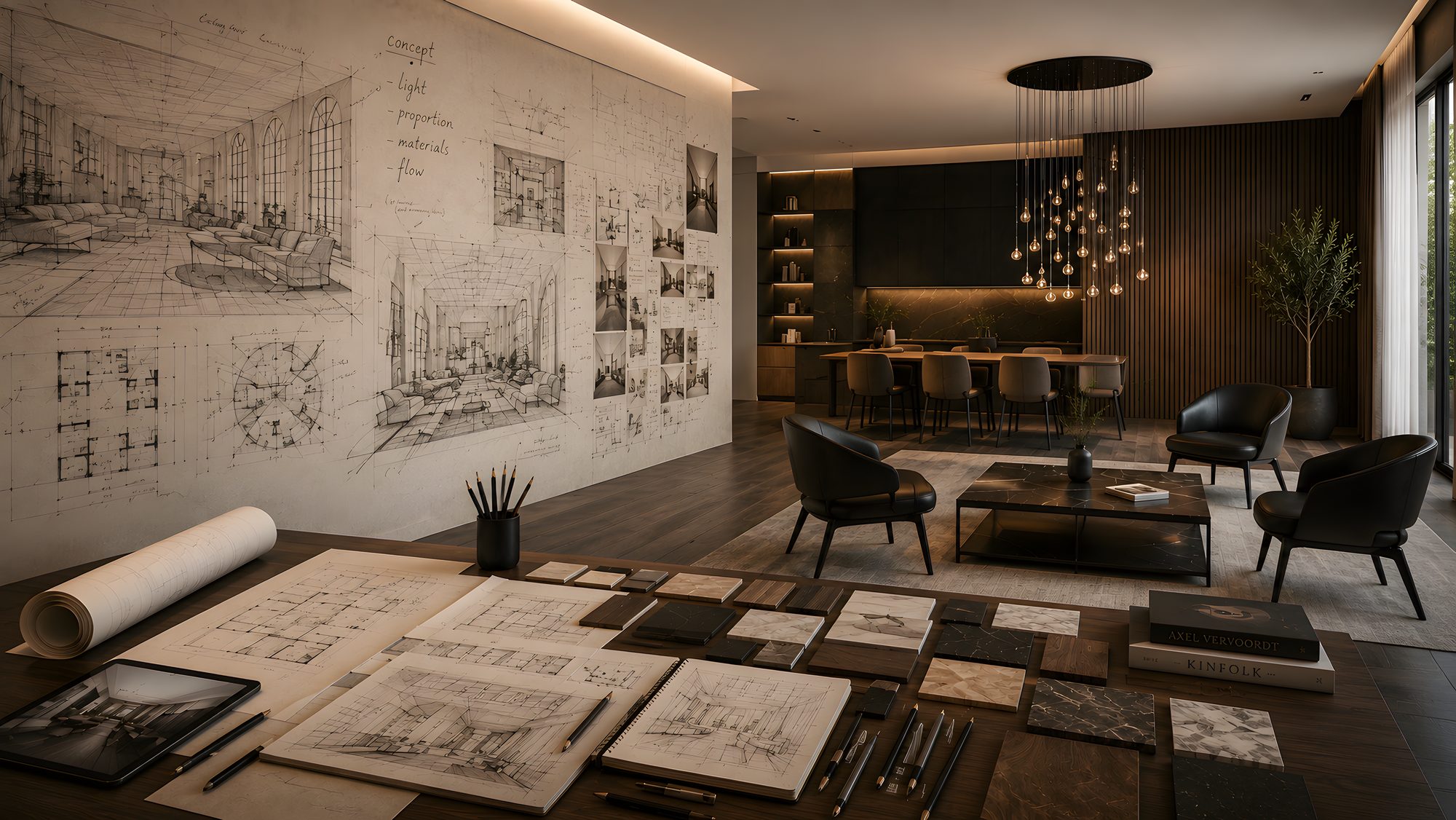A lounge interior developed from architectural drawings and material samples