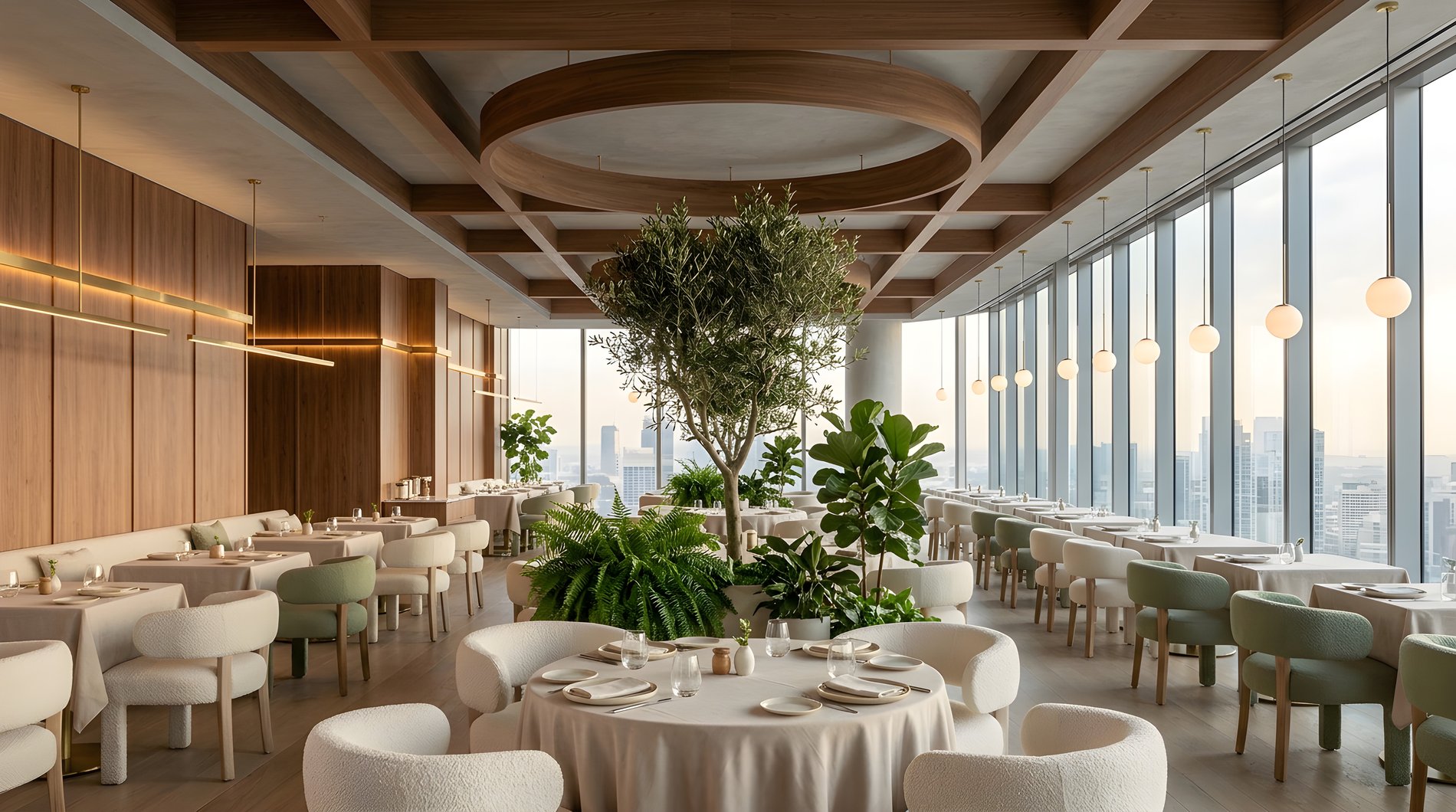 Restaurant interior with panoramic city views