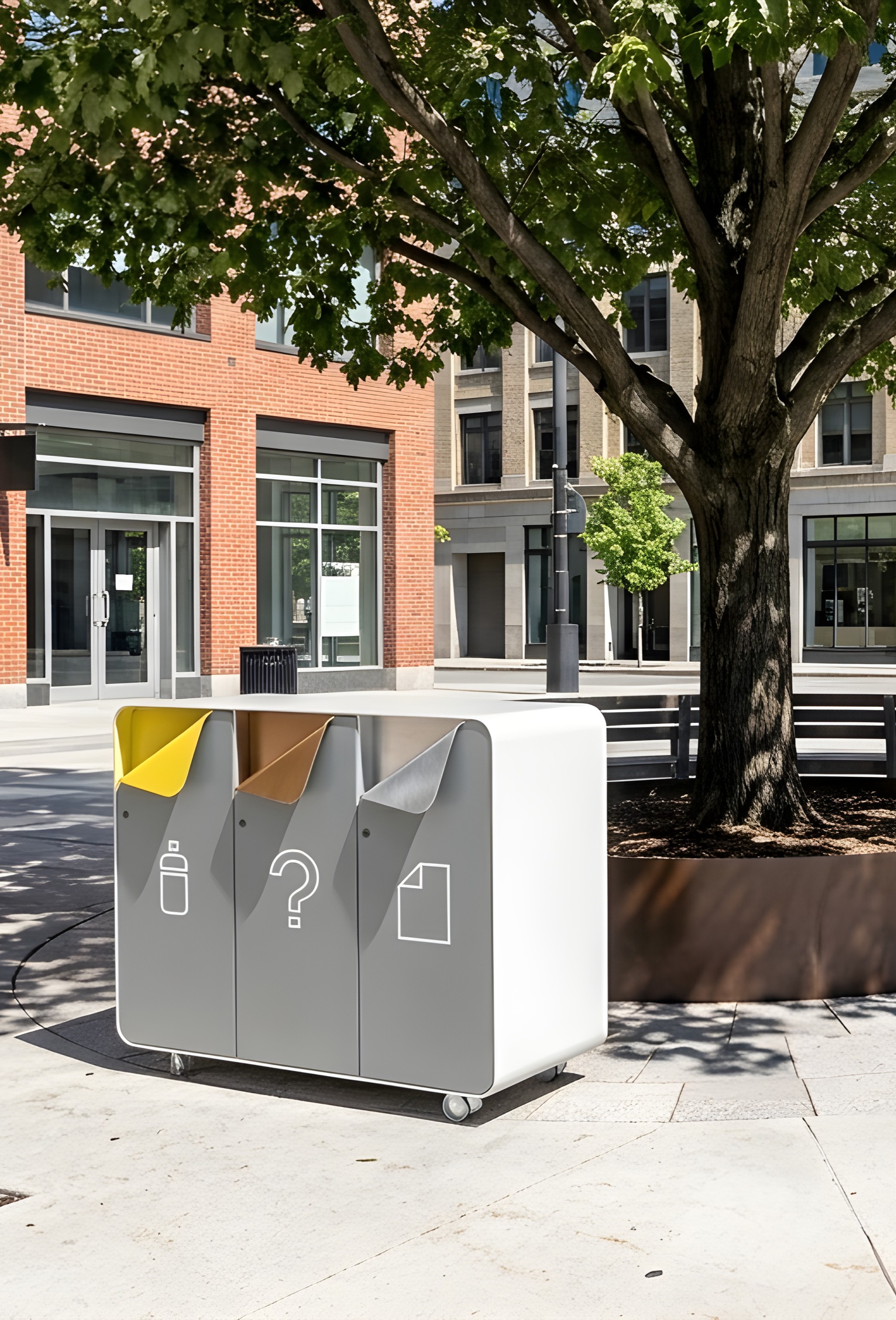 Public recycling and waste separation station in a city plaza