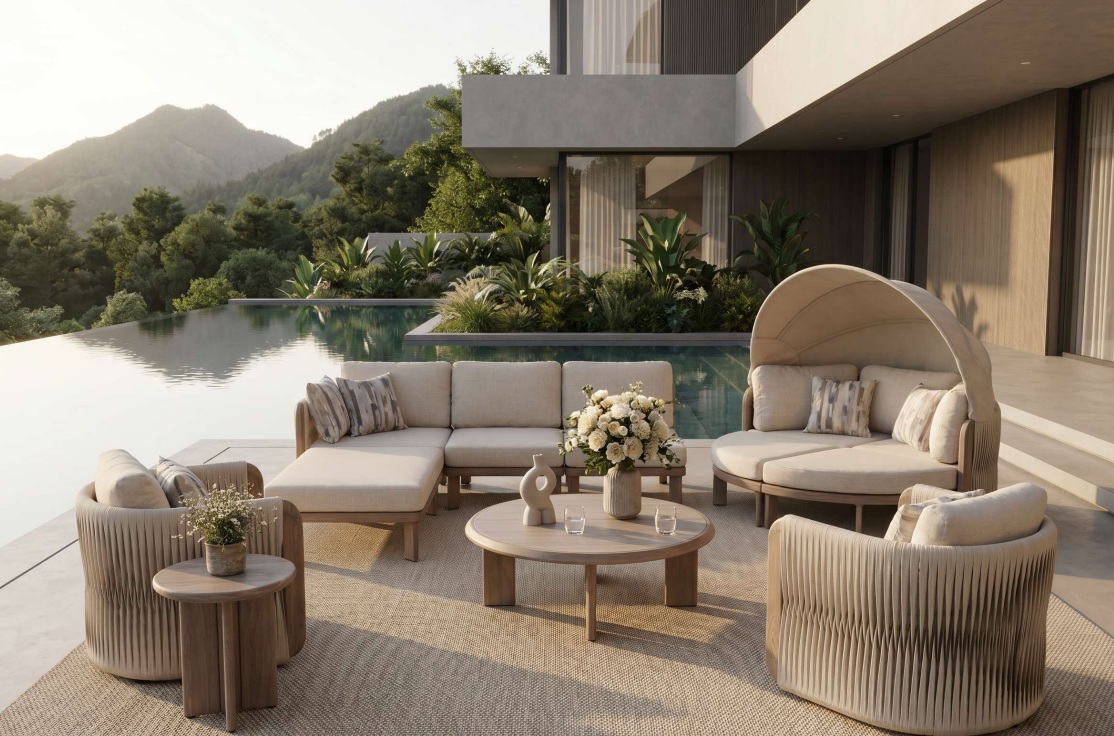 Private villa terrace with infinity pool and outdoor lounge seating