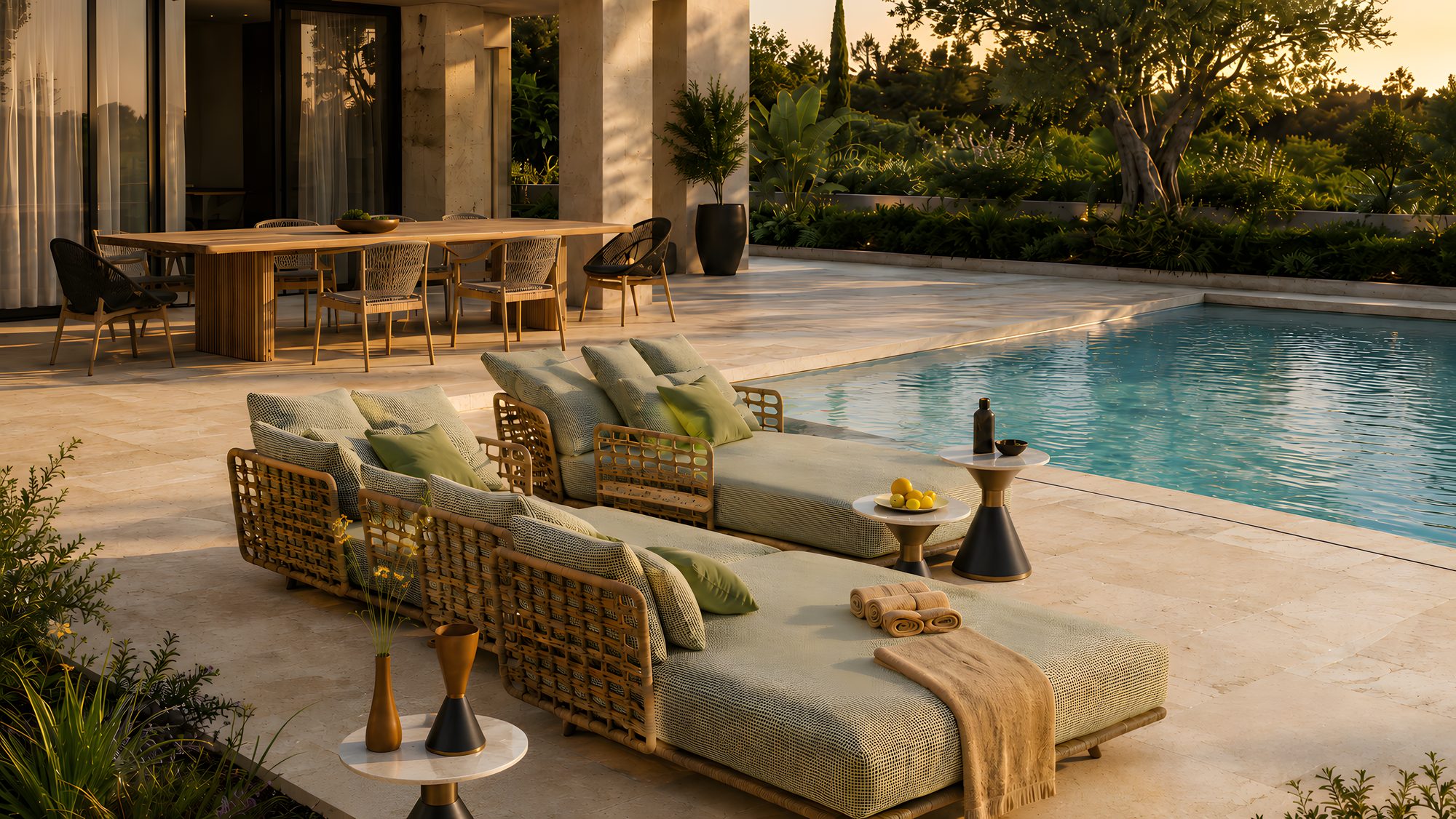 A completed villa terrace at sunset